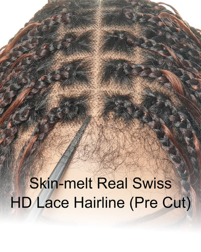 Perruque Ultra Complète 28" Cheveux Humains Châtain Acajou Foncé #33 Tresses Boîtes Bohème Sans Nœuds HD Lace Entière