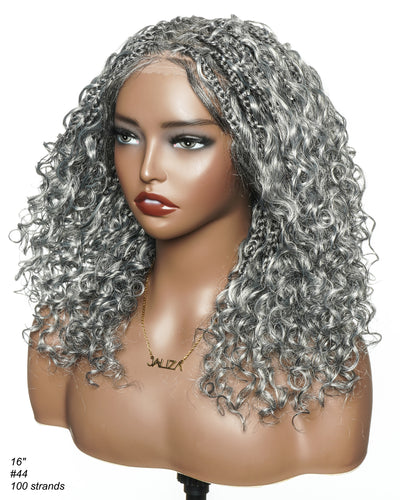 Perruque tressée Boho sans colle avec boucles ondulées profondes de 16 po, style sel et poivre, dentelle complète HD – Mélange de cheveux humains et synthétiques