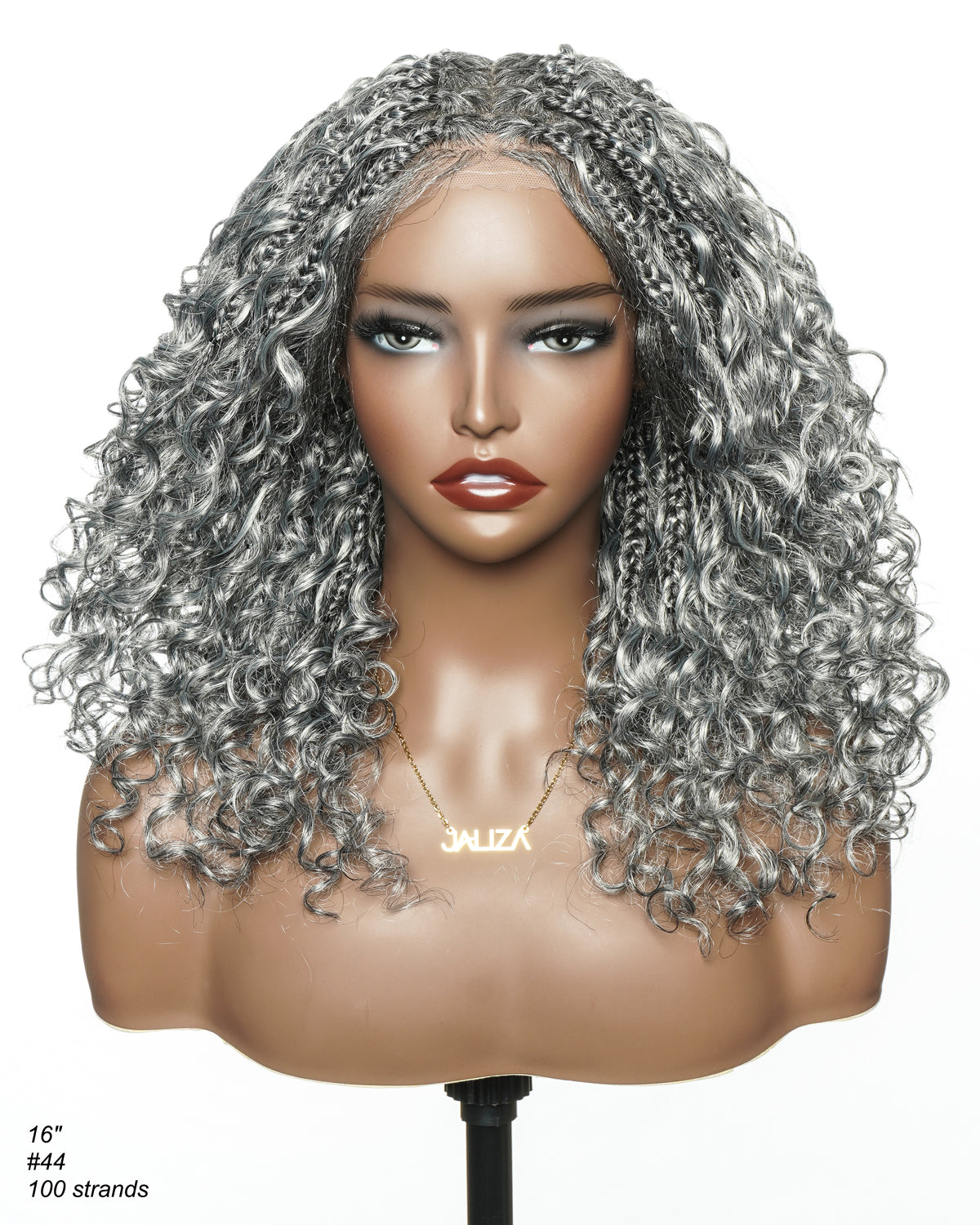 Perruque tressée Boho sans colle avec boucles ondulées profondes de 16 po, style sel et poivre, dentelle complète HD – Mélange de cheveux humains et synthétiques