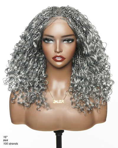 Perruque tressée Boho sans colle avec boucles ondulées profondes de 16 po, style sel et poivre, dentelle complète HD – Mélange de cheveux humains et synthétiques