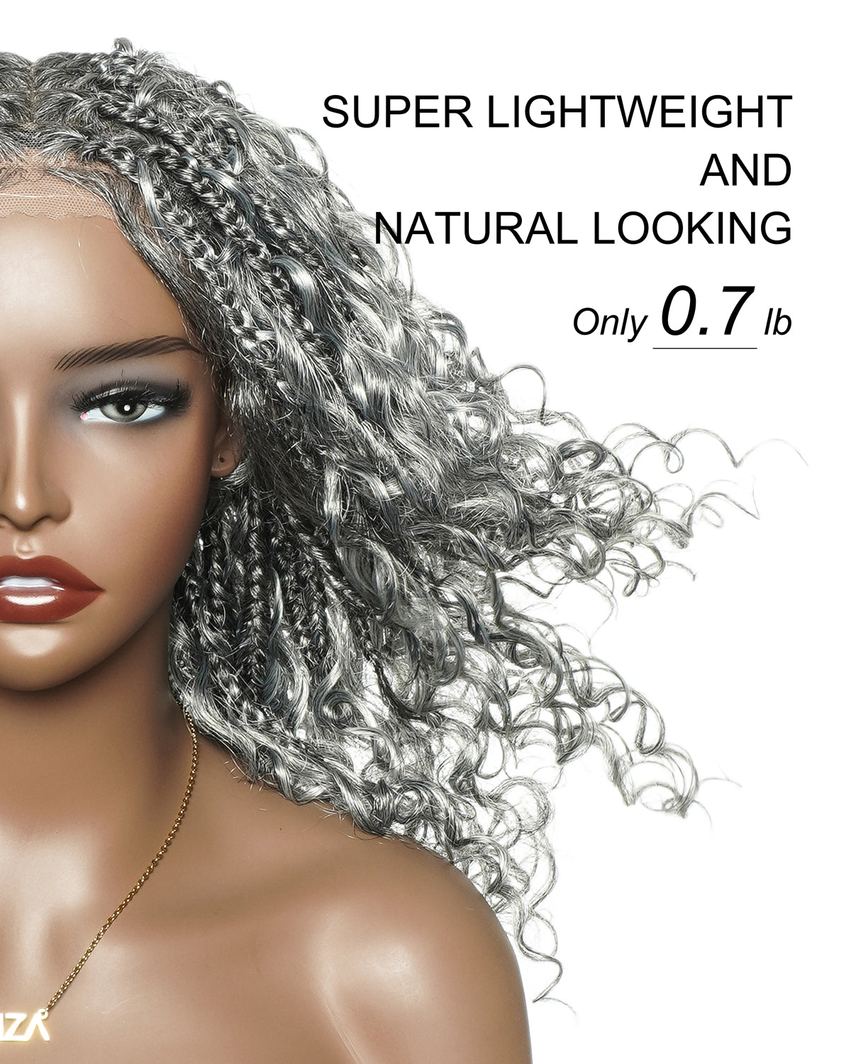 Perruque tressée Boho sans colle avec boucles ondulées profondes de 16 po, style sel et poivre, dentelle complète HD – Mélange de cheveux humains et synthétiques
