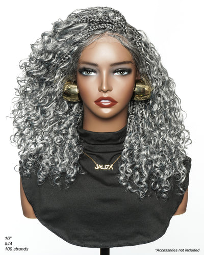 Perruque tressée Boho sans colle avec boucles ondulées profondes de 16 po, style sel et poivre, dentelle complète HD – Mélange de cheveux humains et synthétiques