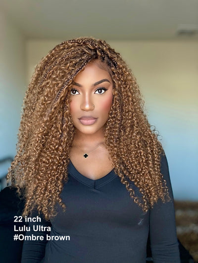 Lulu - Perruque bouclée tressée en dentelle intégrale suisse HD pré-décolorée en cheveux naturels, style bohème, Bora Bora