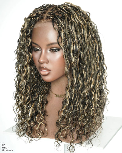 Kiki - Perruque sans colle en cheveux humains bouclés tressés Boho Full Lace Swiss HD de 18 pouces