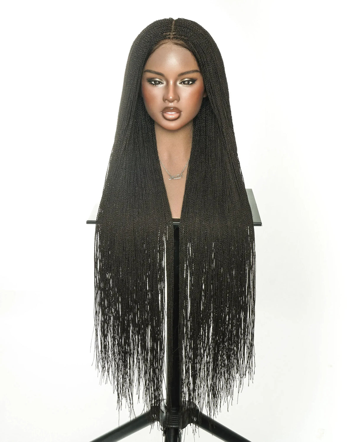 JALIZA 26 inch Natural Black Micro Senegalese Twist Full Lace Pre-Bleached Swiss HD Lace Braided Wig Middle Part (Mannequin - Front View)