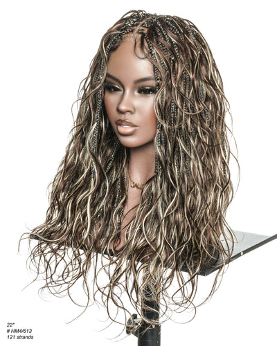 Michelle - Perruque tressée miracle sans colle style salon, dentelle suisse HD pré-blanchie, tresses Boho Bora Bora, boucles corps ondulé cheveux humains