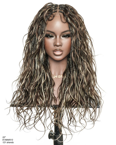 Michelle - Perruque tressée miracle sans colle style salon, dentelle suisse HD pré-blanchie, tresses Boho Bora Bora, boucles corps ondulé cheveux humains