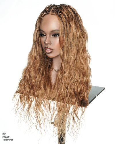 Michelle - Perruque tressée de type "box braids" style bohème, sans colle, couleur ombrée marron, 56 cm