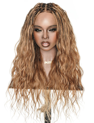 Michelle - Perruque tressée de type "box braids" style bohème, sans colle, couleur ombrée marron, 56 cm
