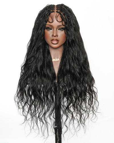Michelle Luxury Perruque tressée de 30 pouces, 250 % de densité, Swiss HD pré-blanchie, entièrement en dentelle, modèle Bora Bora Boho, avec boucles bohèmes en cheveux humains