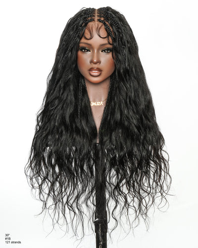 Michelle - Perruque tressée miracle sans colle style salon, dentelle suisse HD pré-blanchie, tresses Boho Bora Bora, boucles corps ondulé cheveux humains