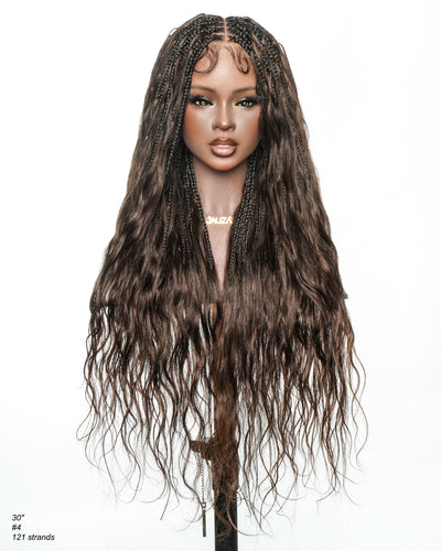 Michelle - Perruque tressée miracle sans colle style salon, dentelle suisse HD pré-blanchie, tresses Boho Bora Bora, boucles corps ondulé cheveux humains