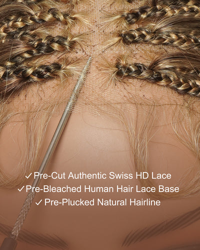 Michelle - Perruque Bora Bora tressée, style bohème, en dentelle suisse HD, avec mèches balayage #4/30/27 décolorées, 22 pouces