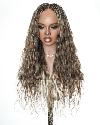 Michelle - Perruque tressée miracle sans colle style salon, dentelle suisse HD pré-blanchie, tresses Boho Bora Bora, boucles corps ondulé cheveux humains