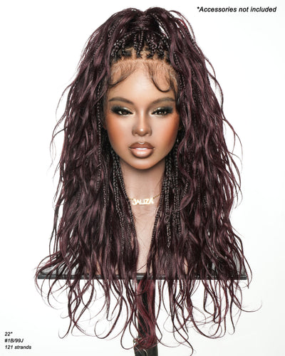 Michelle - Perruque tressée de type "Boho Box Braids" Bora Bora bordeaux de 22"