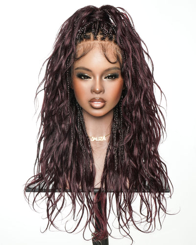Michelle - Perruque tressée de type "Boho Box Braids" Bora Bora bordeaux de 22"