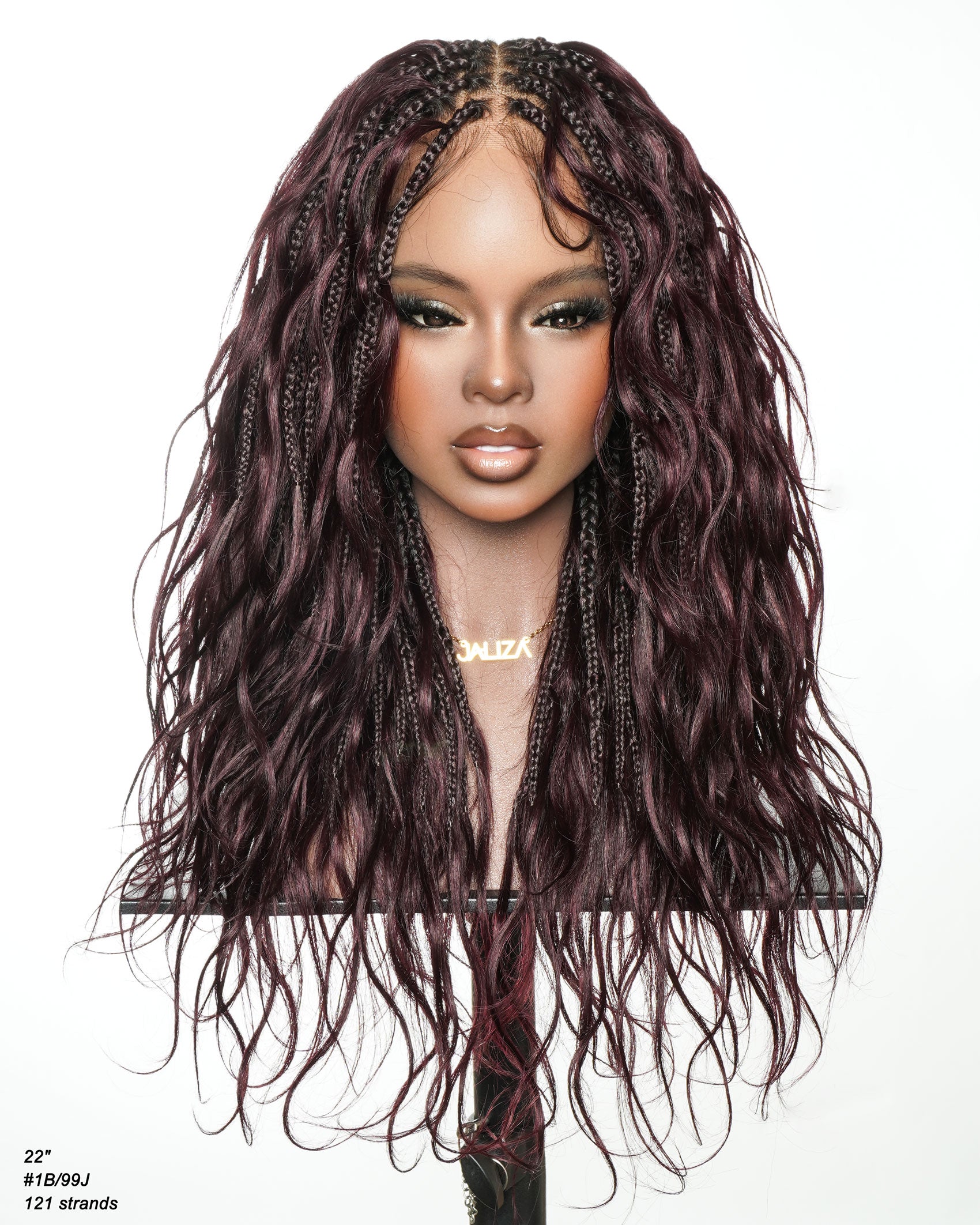 Michelle - Perruque tressée de type "Boho Box Braids" Bora Bora bordeaux de 22"
