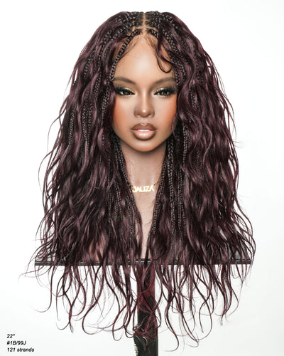Michelle - Perruque tressée de type "Boho Box Braids" Bora Bora bordeaux de 22"