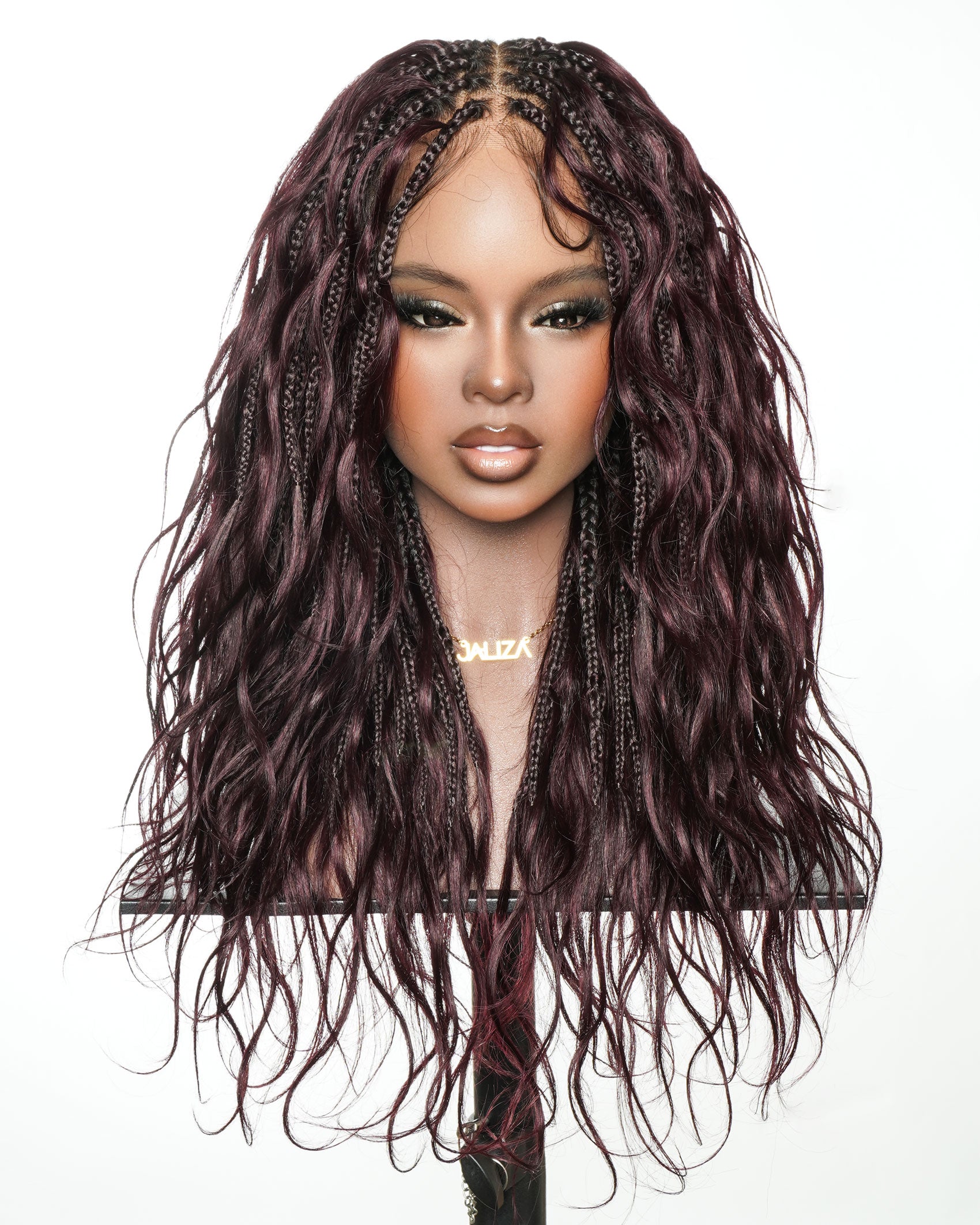 Michelle - Perruque tressée de type "Boho Box Braids" Bora Bora bordeaux de 22"