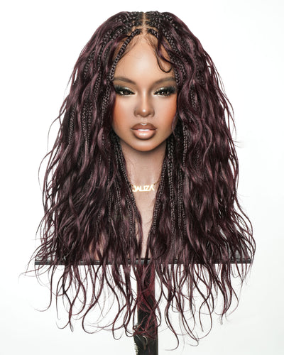 Michelle - Perruque tressée de type "Boho Box Braids" Bora Bora bordeaux de 22"