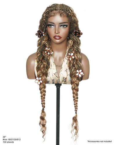 Perruque tressée de boîte Boho sans nœuds en dentelle complète HD 36" de couleur mélangée 1B 27 30 613