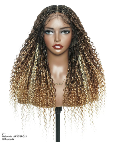 Solana - Cheveux Humains Pré-décolorés Dentelle Suisse HD Mélange Full Lace Couleur 1B 4 30 27 613 Perruque Tressée Boho Style Boho Box en Cheveux Humains