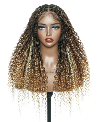 Solana - Cheveux Humains Pré-décolorés Dentelle Suisse HD Mélange Full Lace Couleur 1B 4 30 27 613 Perruque Tressée Boho Style Boho Box en Cheveux Humains