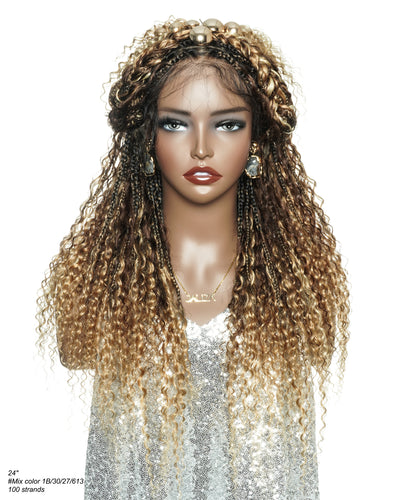 Solana - Cheveux Humains Pré-décolorés Dentelle Suisse HD Mélange Full Lace Couleur 1B 4 30 27 613 Perruque Tressée Boho Style Boho Box en Cheveux Humains