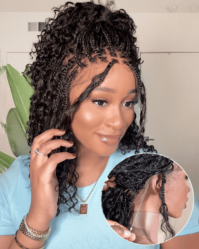 Nami - Bonnet à cordon sans colle Cheveux humains ondulés Boucles pré-décolorées Dentelle HD Suisse Perruque tressée de tresses Boho sans nœuds