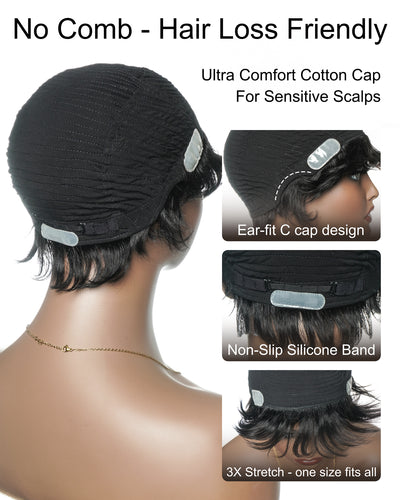 Perruque courte 100 % cheveux naturels sans colle coupe pixie ultra confortable pour cuirs chevelus sensibles