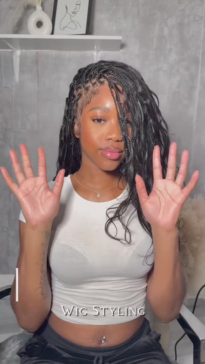 Michelle - Perruque tressée miracle sans colle style salon, dentelle suisse HD pré-blanchie, tresses Boho Bora Bora, boucles corps ondulé cheveux humains