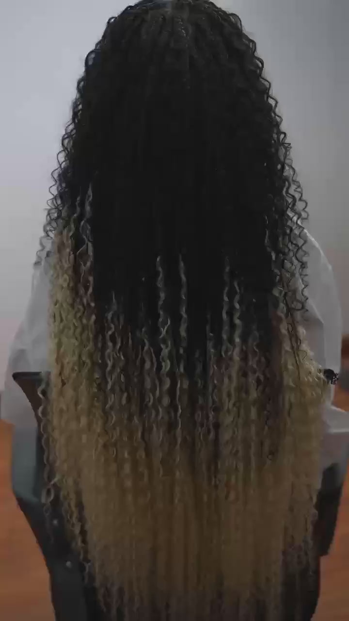 Perruque tressée Diane's 36" avec dentelle, cheveux humains pré-décolorés, style bohème ombré (très volumineuse)