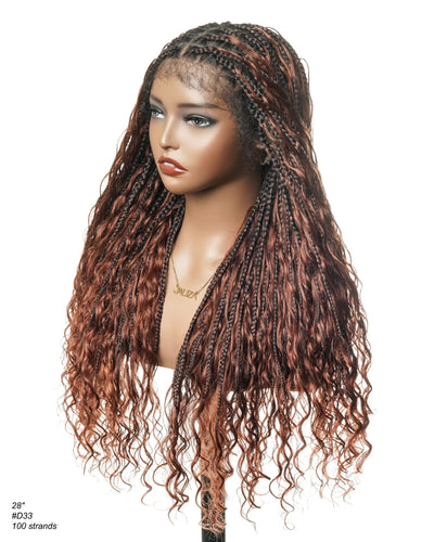 Perruque Ultra Complète 28" Cheveux Humains Châtain Acajou Foncé #33 Tresses Boîtes Bohème Sans Nœuds HD Lace Entière