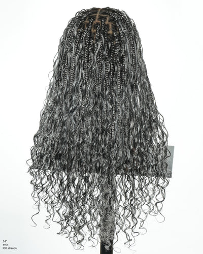 Perruque tressée de 24 po en dentelle complète « Salt & Pepper » avec cheveux humains ondulés et boucles synthétiques, base #44