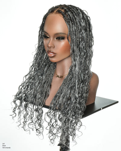 Perruque tressée de 24 po en dentelle complète « Salt & Pepper » avec cheveux humains ondulés et boucles synthétiques, base #44