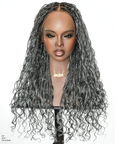 Perruque tressée de 24 po en dentelle complète « Salt & Pepper » avec cheveux humains ondulés et boucles synthétiques, base #44