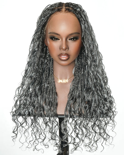 Perruque tressée de 24 po en dentelle complète « Salt & Pepper » avec cheveux humains ondulés et boucles synthétiques, base #44