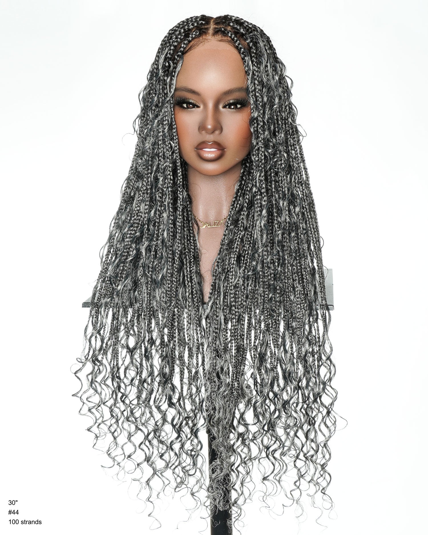 Perrque tressée de 30" style Boho sans nœuds sel et poivre