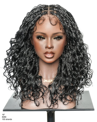 Perruque tressée Boho sans colle avec boucles ondulées profondes de 16 po, style sel et poivre, dentelle complète HD – Mélange de cheveux humains et synthétiques