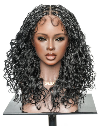Perruque tressée Boho sans colle avec boucles ondulées profondes de 16 po, style sel et poivre, dentelle complète HD – Mélange de cheveux humains et synthétiques