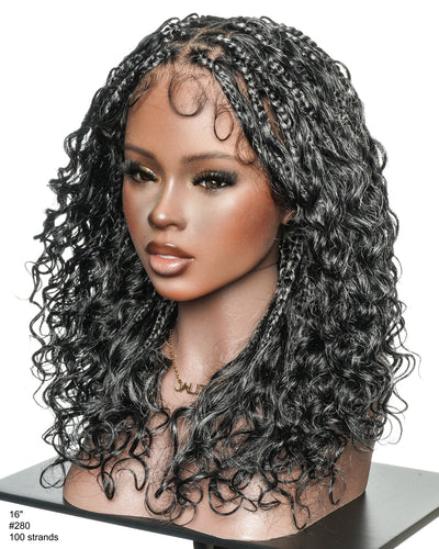 Perruque tressée Boho sans colle avec boucles ondulées profondes de 16 po, style sel et poivre, dentelle complète HD – Mélange de cheveux humains et synthétiques