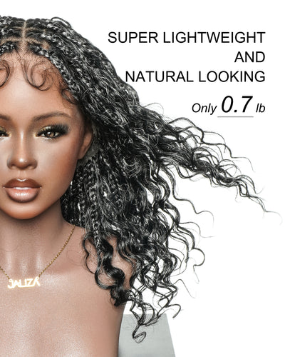 Perruque tressée Boho sans colle avec boucles ondulées profondes de 16 po, style sel et poivre, dentelle complète HD – Mélange de cheveux humains et synthétiques
