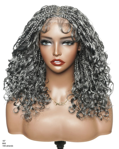 Perruque tressée Boho sans colle avec boucles ondulées profondes de 16 po, style sel et poivre, dentelle complète HD – Mélange de cheveux humains et synthétiques