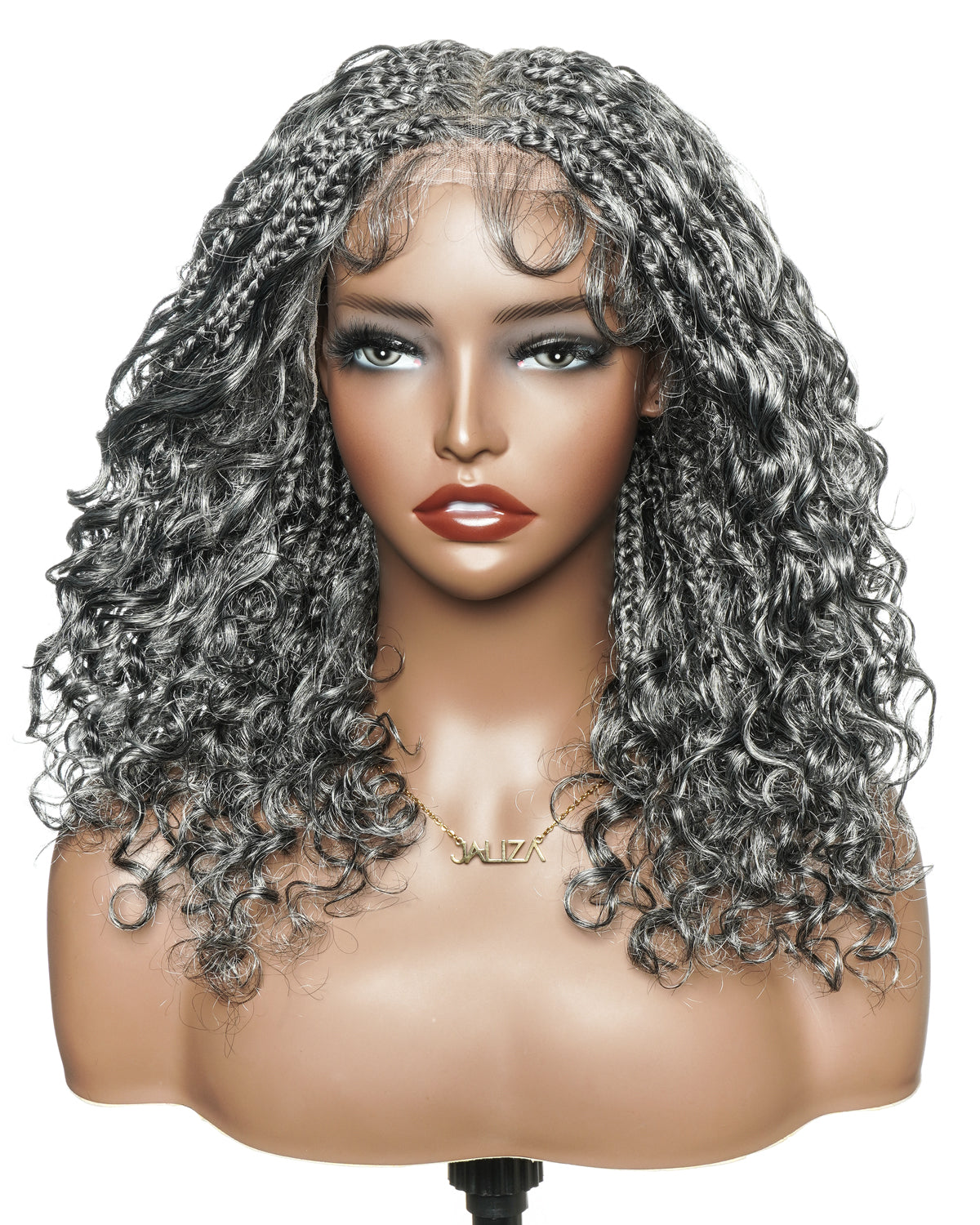 Perruque tressée Boho sans colle avec boucles ondulées profondes de 16 po, style sel et poivre, dentelle complète HD – Mélange de cheveux humains et synthétiques