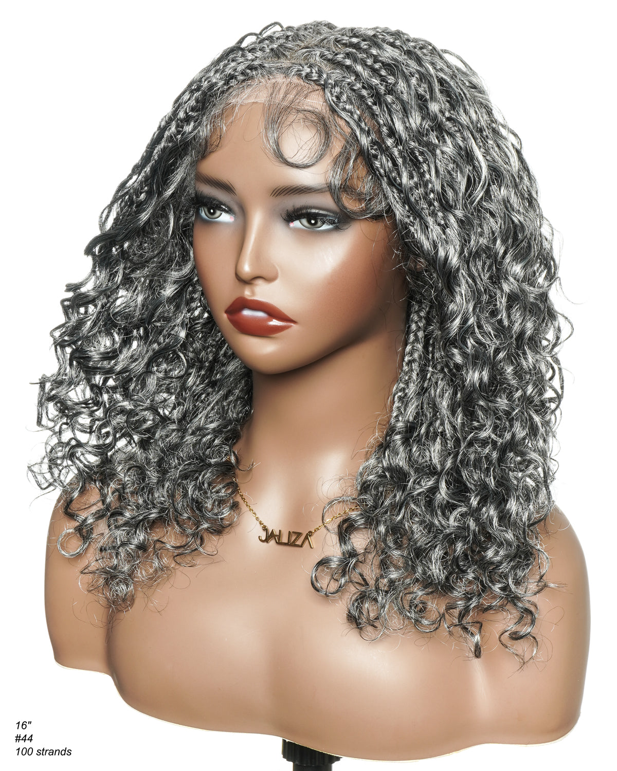 Perruque tressée Boho sans colle avec boucles ondulées profondes de 16 po, style sel et poivre, dentelle complète HD – Mélange de cheveux humains et synthétiques