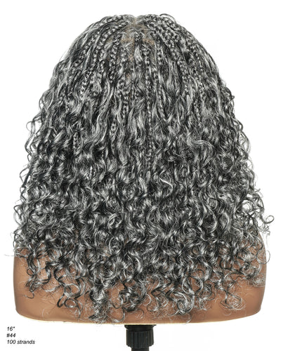 Perruque tressée Boho sans colle avec boucles ondulées profondes de 16 po, style sel et poivre, dentelle complète HD – Mélange de cheveux humains et synthétiques