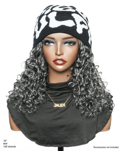 Perruque tressée Boho sans colle avec boucles ondulées profondes de 16 po, style sel et poivre, dentelle complète HD – Mélange de cheveux humains et synthétiques