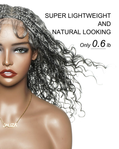Perruque tressée Boho sans colle avec boucles ondulées profondes de 16 po, style sel et poivre, dentelle complète HD – Mélange de cheveux humains et synthétiques