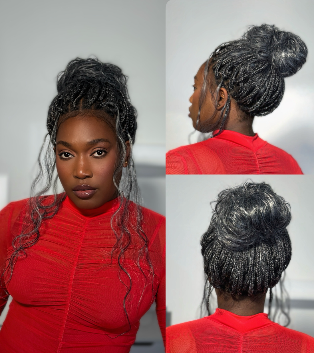 Perruque tressée bohème Michelle Salt & Pepper sans colle, dentelle suisse HD intégrale – Cheveux humains et mélange synthétique bouclés base 1B