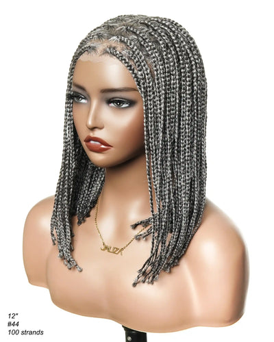 Perruque tressée sans nœuds Salt and Pepper 12" en dentelle HD, 100 mèches
